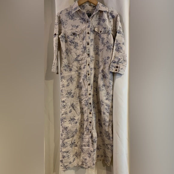 Eddie Bauer Womens Dress Tan Blue Floral Maxi Long‎ Prairie Linen Petite XSmall - Picture 1 of 5